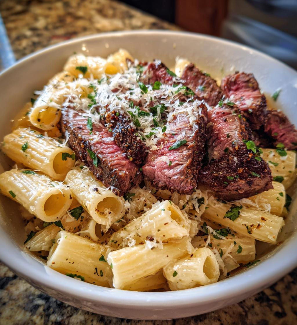 garlic butter steak parmesan rigatoni