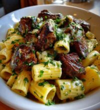 garlic butter steak tips with cheesy rigatoni