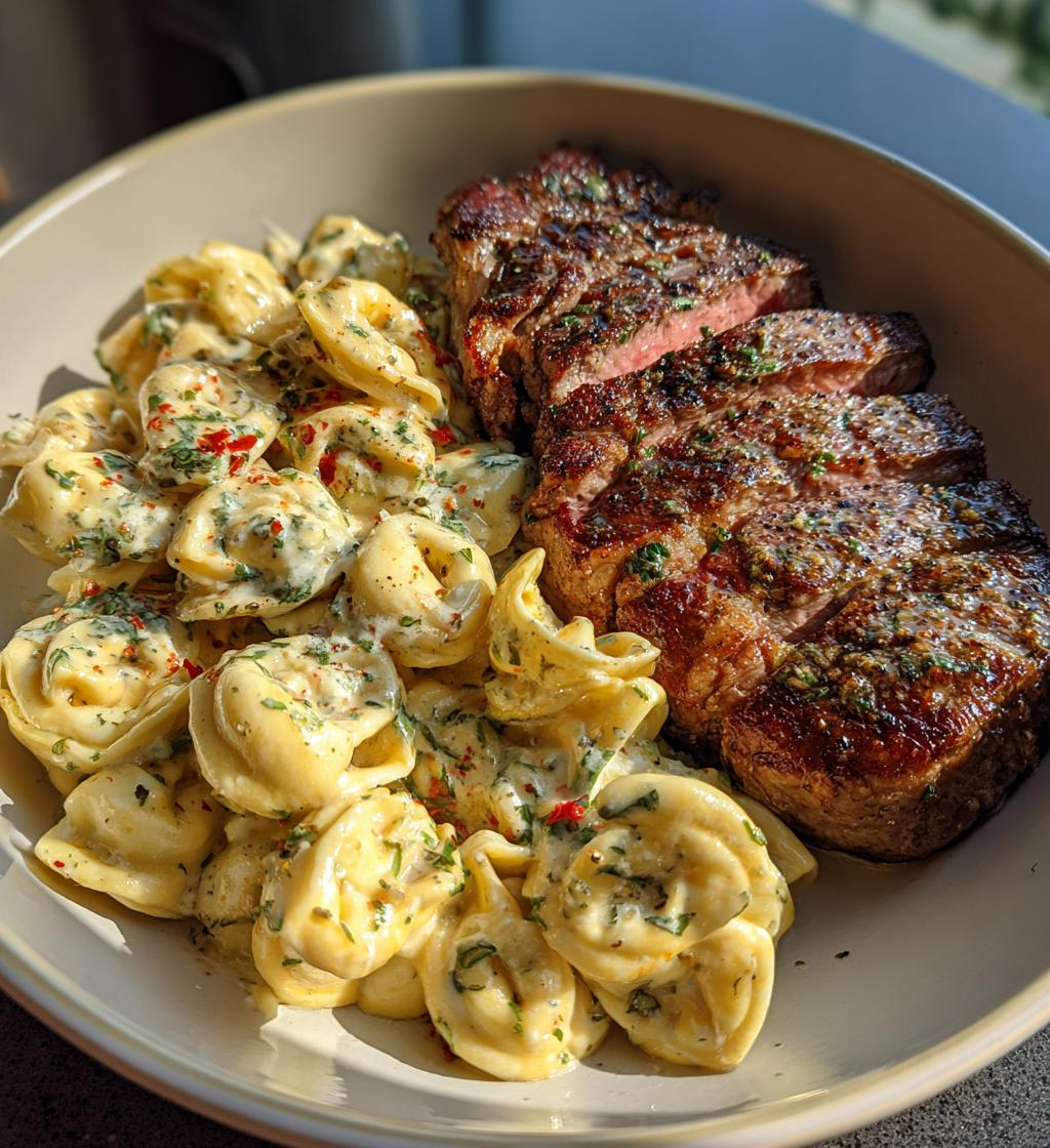 garlic butter steak with cheesy alfredo tortellini - detail 1