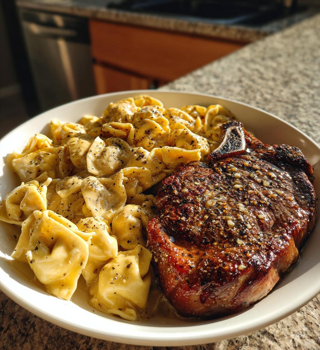 garlic butter steak with cheesy alfredo tortellini - detail 1