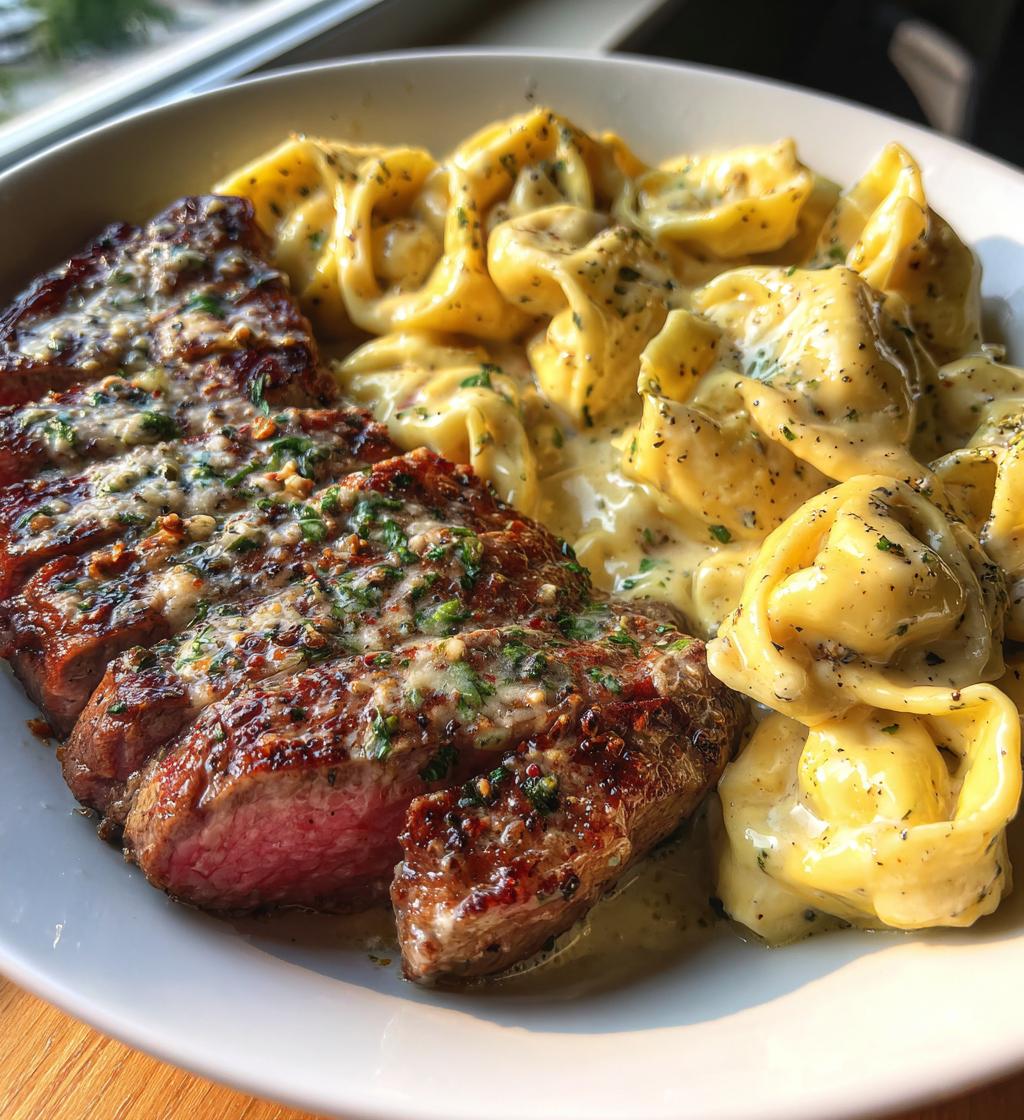 garlic butter steak with cheesy alfredo tortellini