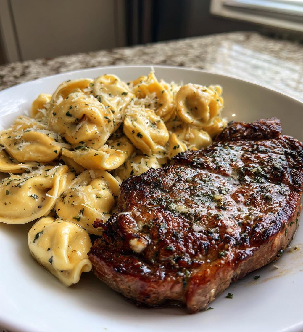 garlic butter steak with cheesy alfredo tortellini