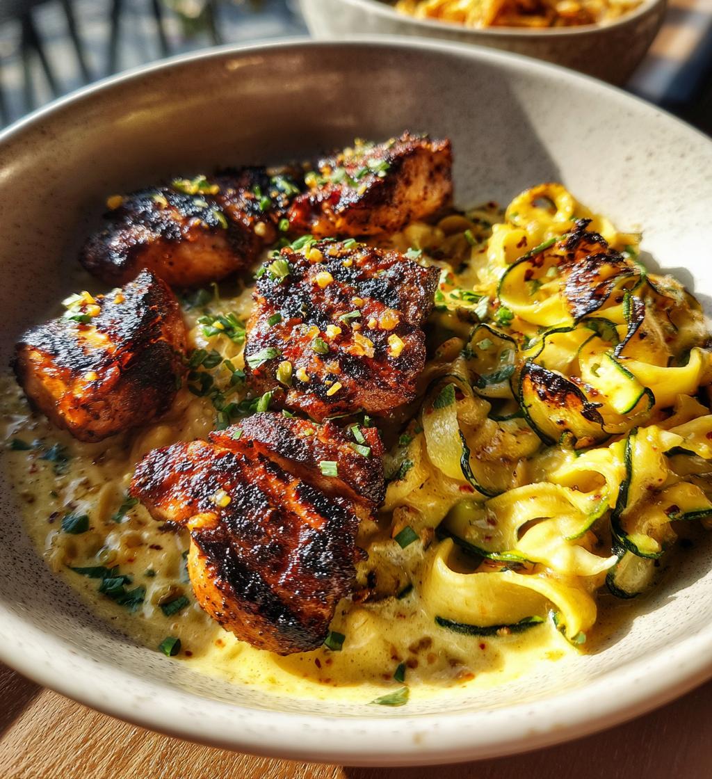 garlic chili oil chicken bites cajun alfredo with charred zucchini twists