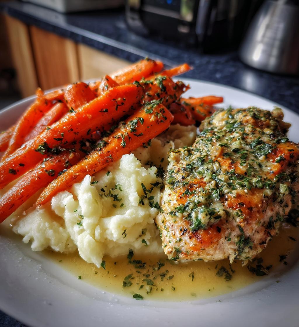 garlic herb chicken with creamy mash roasted carrots - detail 1
