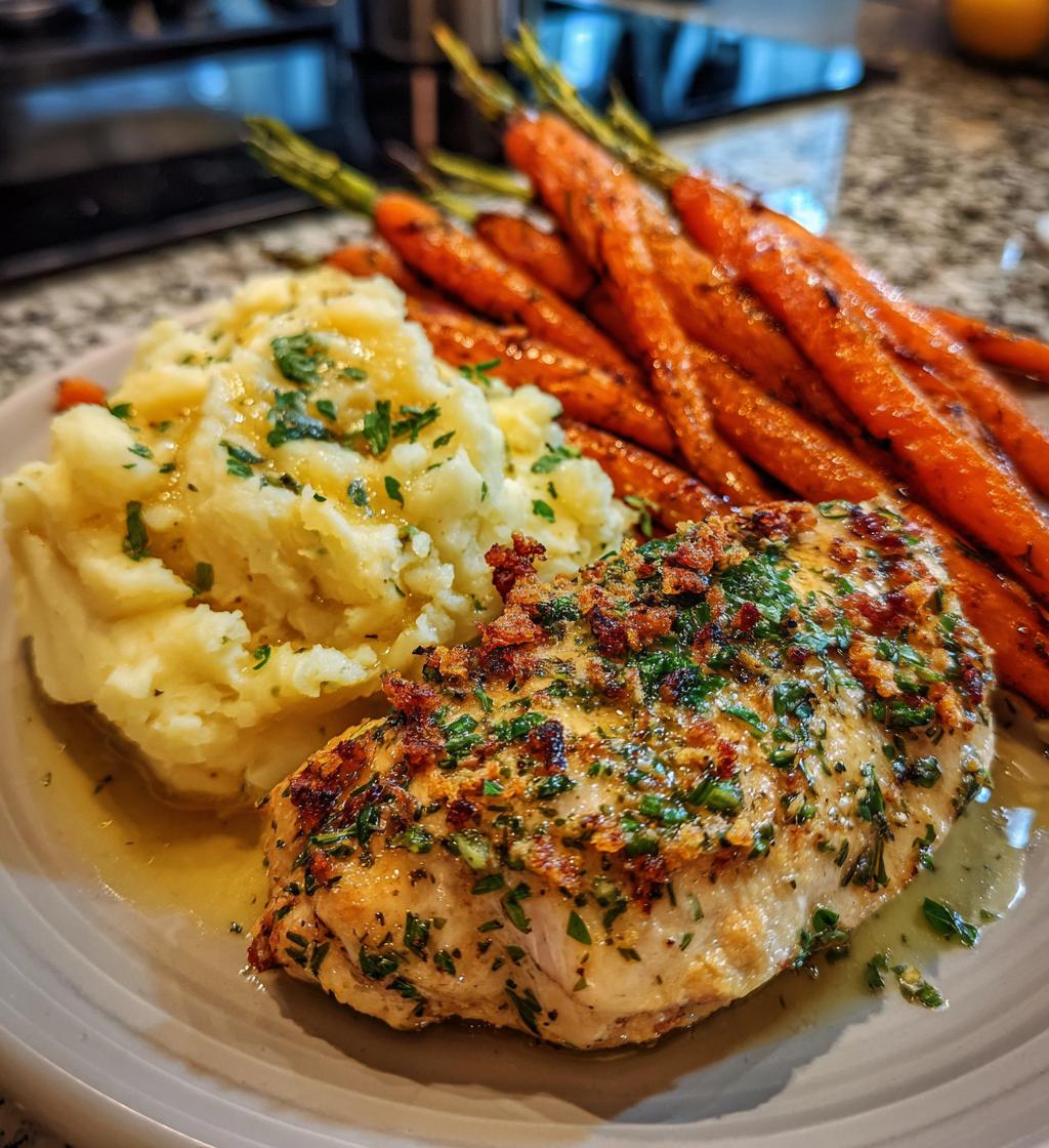 garlic herb chicken with creamy mash roasted carrots