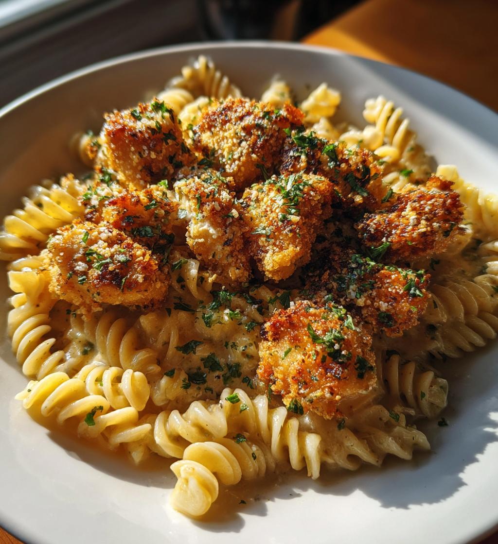garlic parmesan chicken bites with creamy rotini