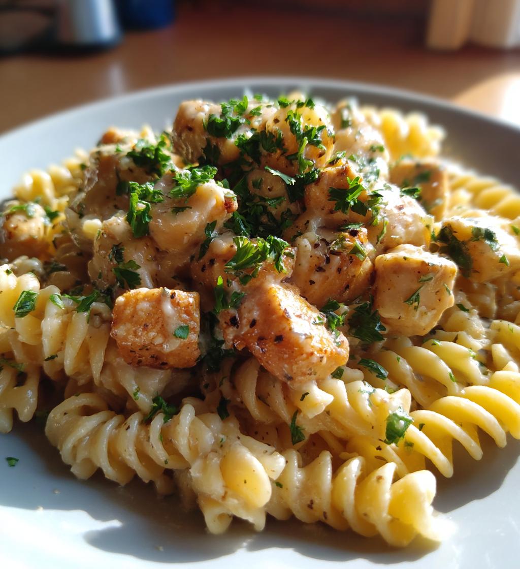 garlic parmesan chicken bites with creamy rotini