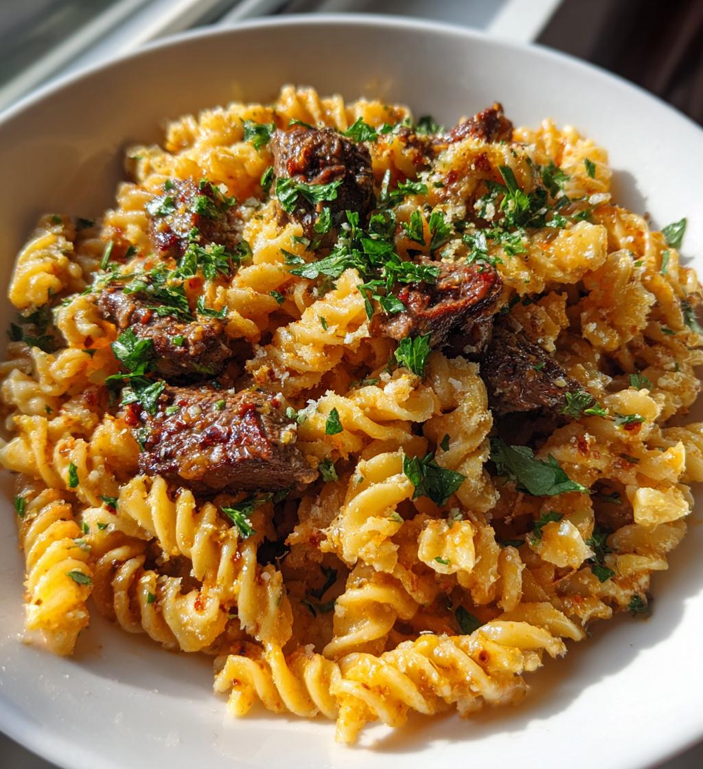 garlic parmesan steak bites with cajun twisted pasta - detail 1