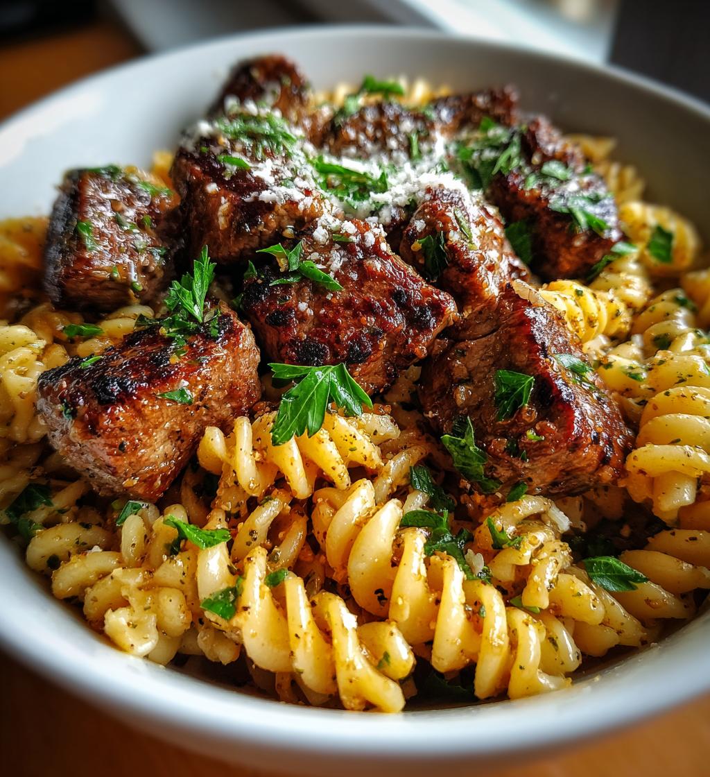 garlic parmesan steak bites with cajun twisted pasta - detail 1