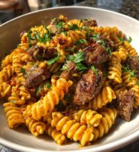 garlic parmesan steak bites with cajun twisted pasta