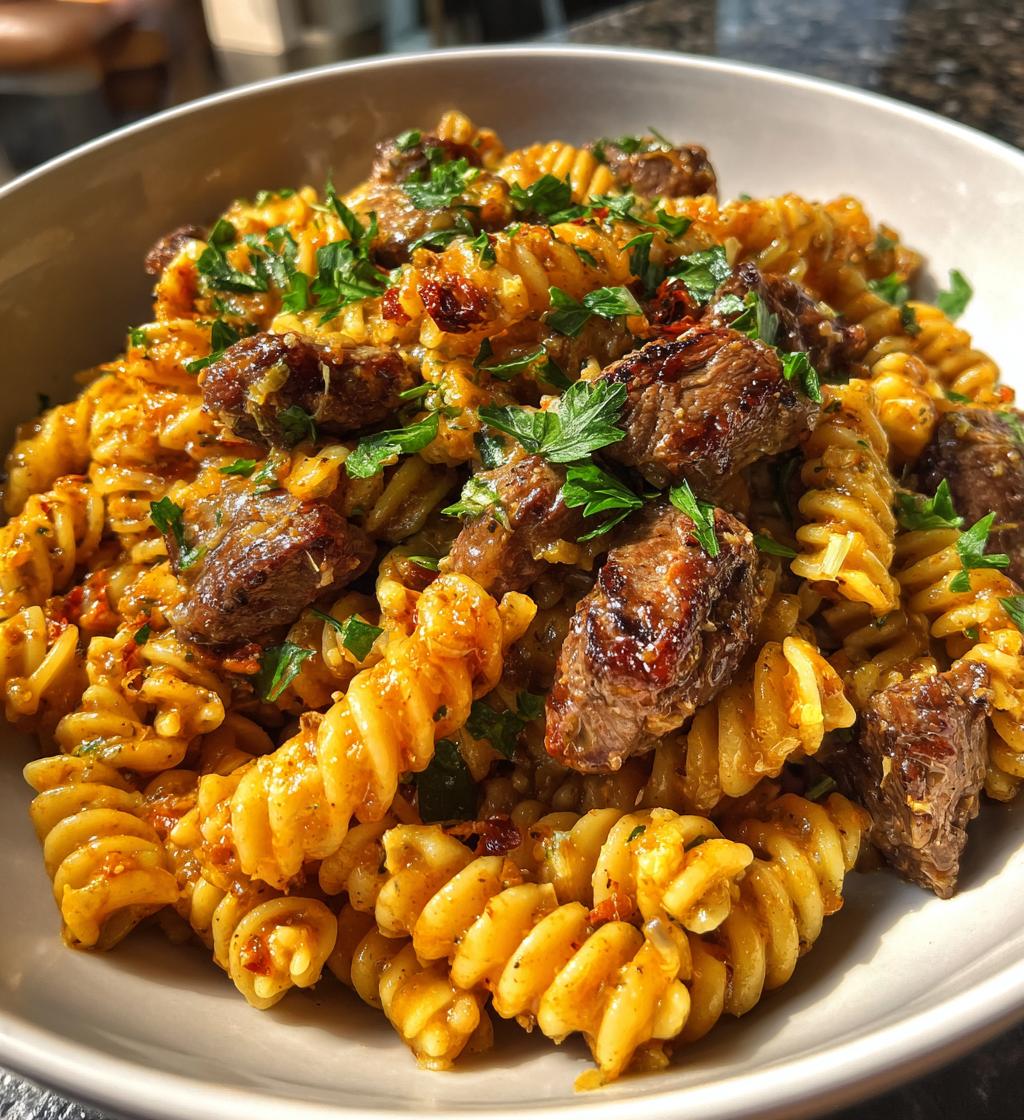 garlic parmesan steak bites with cajun twisted pasta