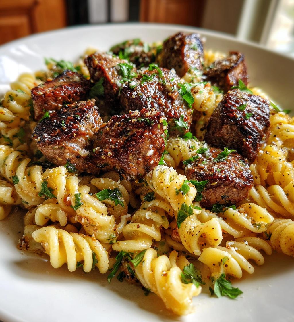 garlic parmesan steak bites with cajun twisted pasta