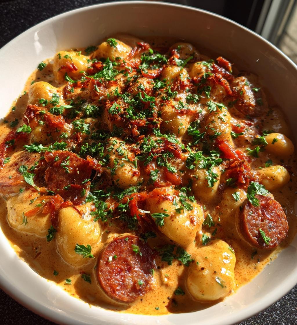 gnocchi with chorizo and creamy harissa sauce - detail 1