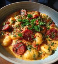 gnocchi with chorizo and creamy harissa sauce