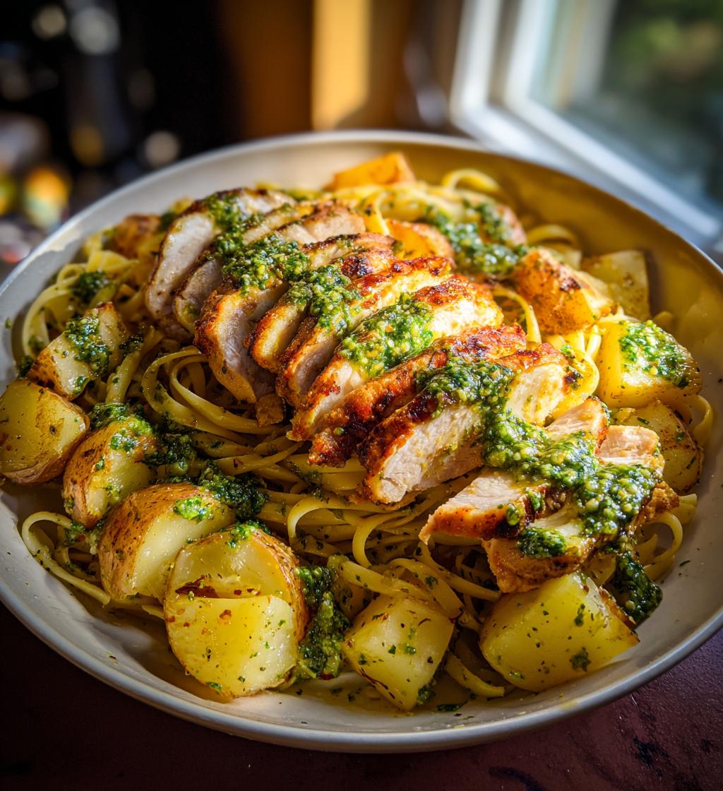 greek chicken alfredo garlic potatoes with spicy hot honey tahini pesto