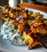 greek lemon chicken skewers with tzatziki sauce