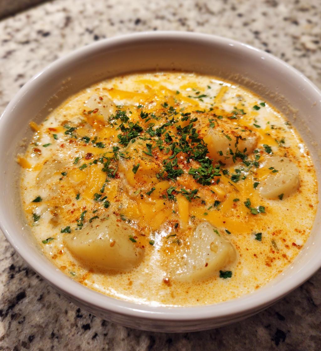 hearty cheddar garlic herb potato soup - detail 1