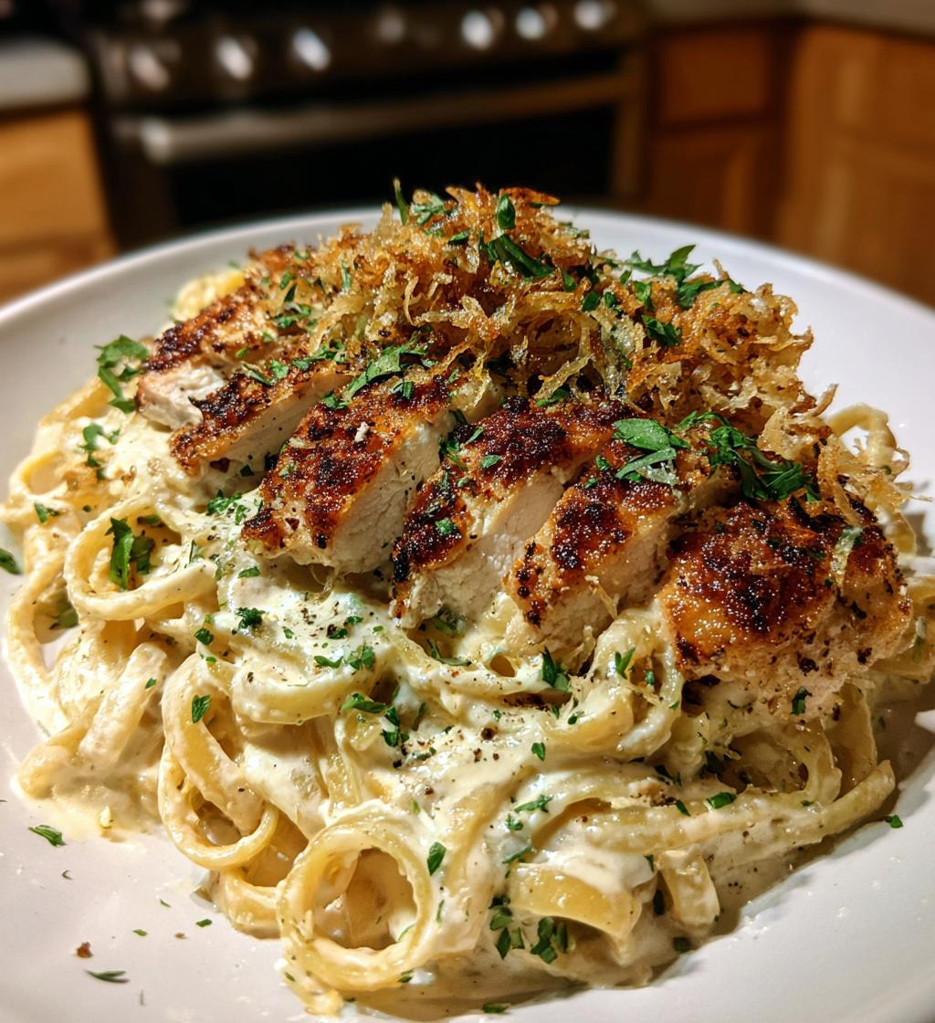 herbed chicken alfredo with truffle feta cream crispy parmesan leeks - detail 1