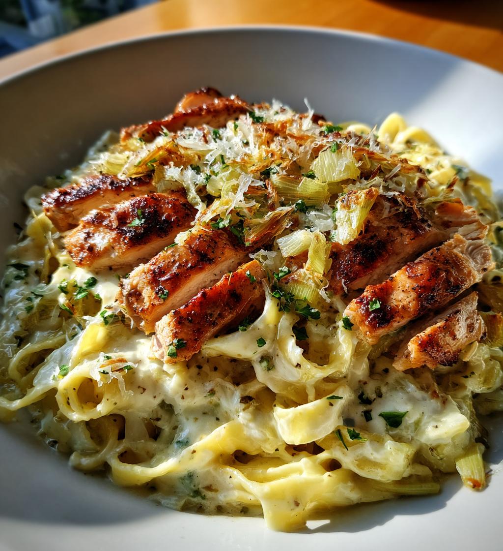 herbed chicken alfredo with truffle feta cream crispy parmesan leeks