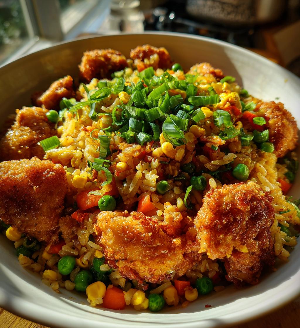 high protein crispy garlic chicken fried rice