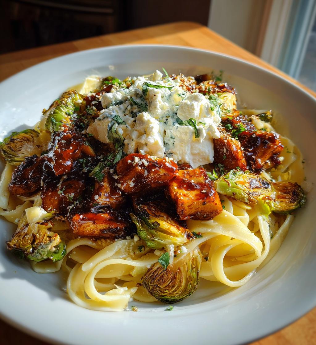 hot honey balsamic chicken alfredo with whipped feta crispy brussels chips - detail 1
