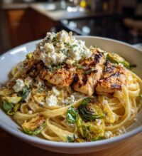 hot honey balsamic chicken alfredo with whipped feta crispy brussels chips