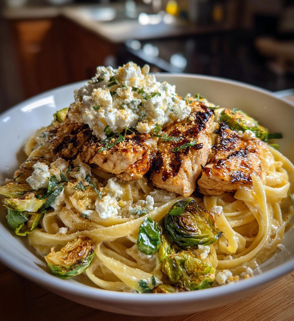 hot honey balsamic chicken alfredo with whipped feta crispy brussels chips