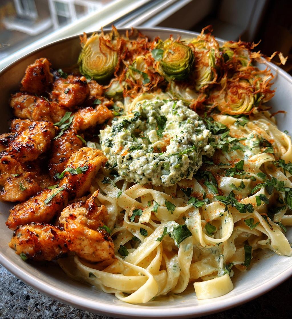 hot honey cajun chicken alfredo with basil feta swirl crispy brussels chips - detail 1