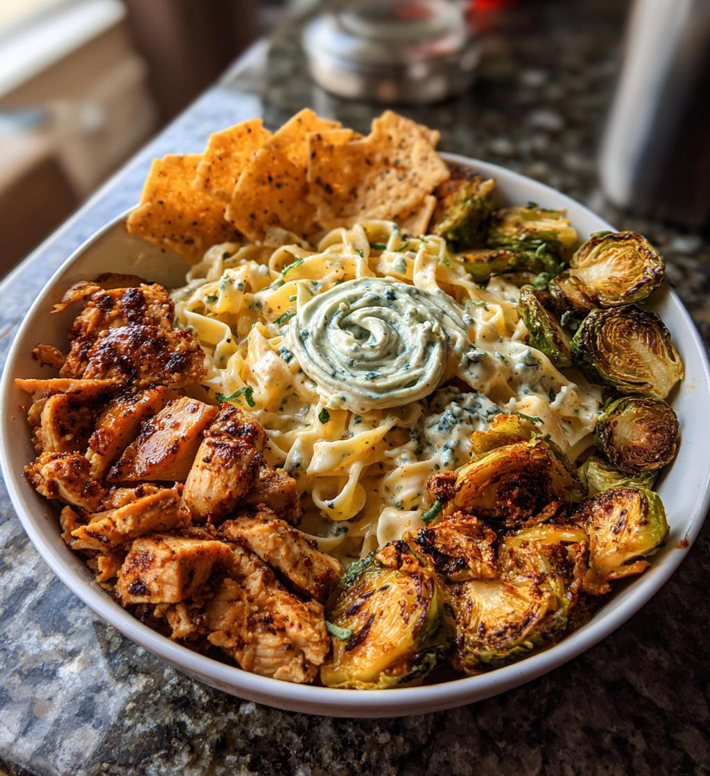 hot honey cajun chicken alfredo with basil feta swirl crispy brussels chips