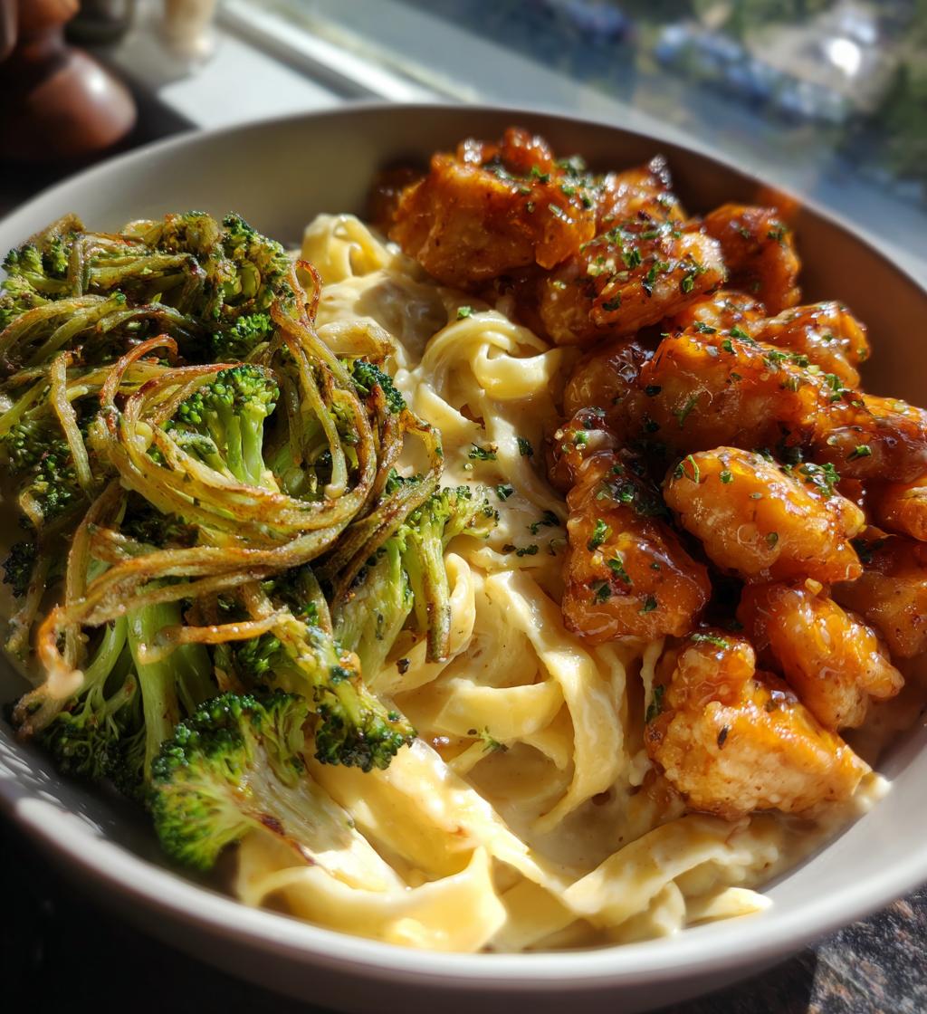 hot honey garlic chicken bites cajun alfredo with crispy broccoli twists - detail 1
