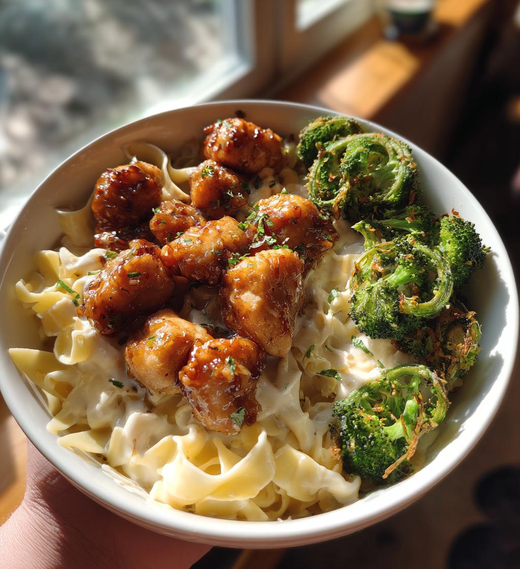 hot honey garlic chicken bites cajun alfredo with crispy broccoli twists