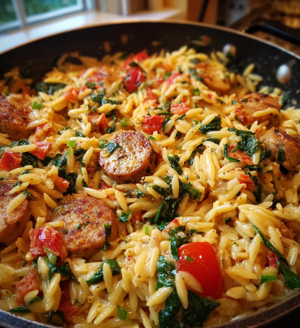 irresistible creamy chicken sausage orzo skillet - detail 1
