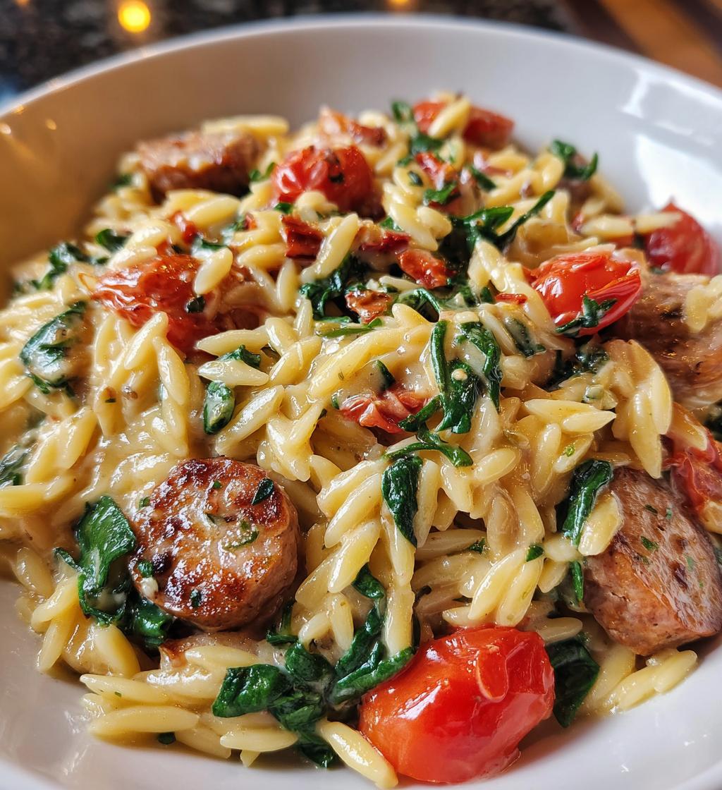 irresistible creamy chicken sausage orzo skillet - detail 1