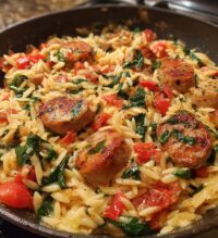 irresistible creamy chicken sausage orzo skillet