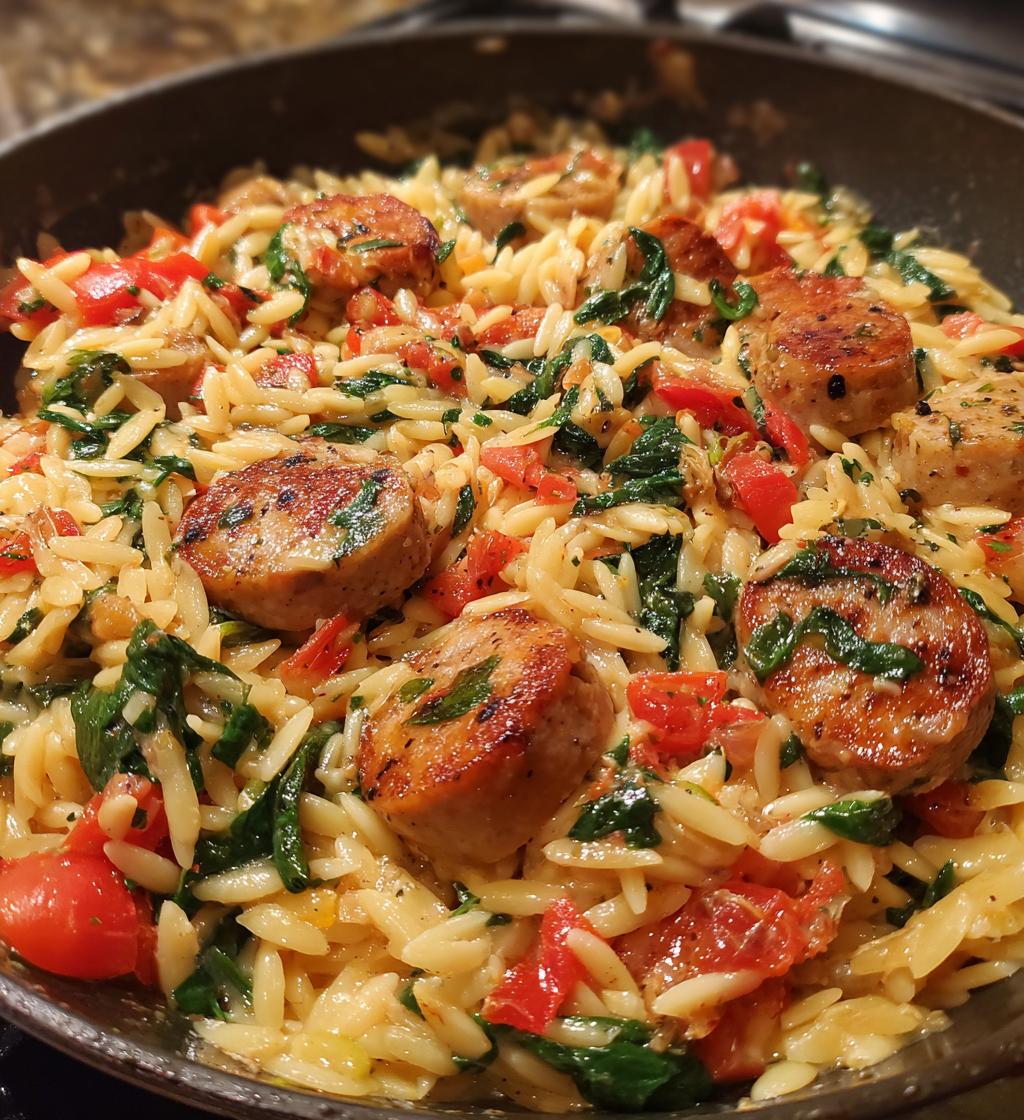 irresistible creamy chicken sausage orzo skillet