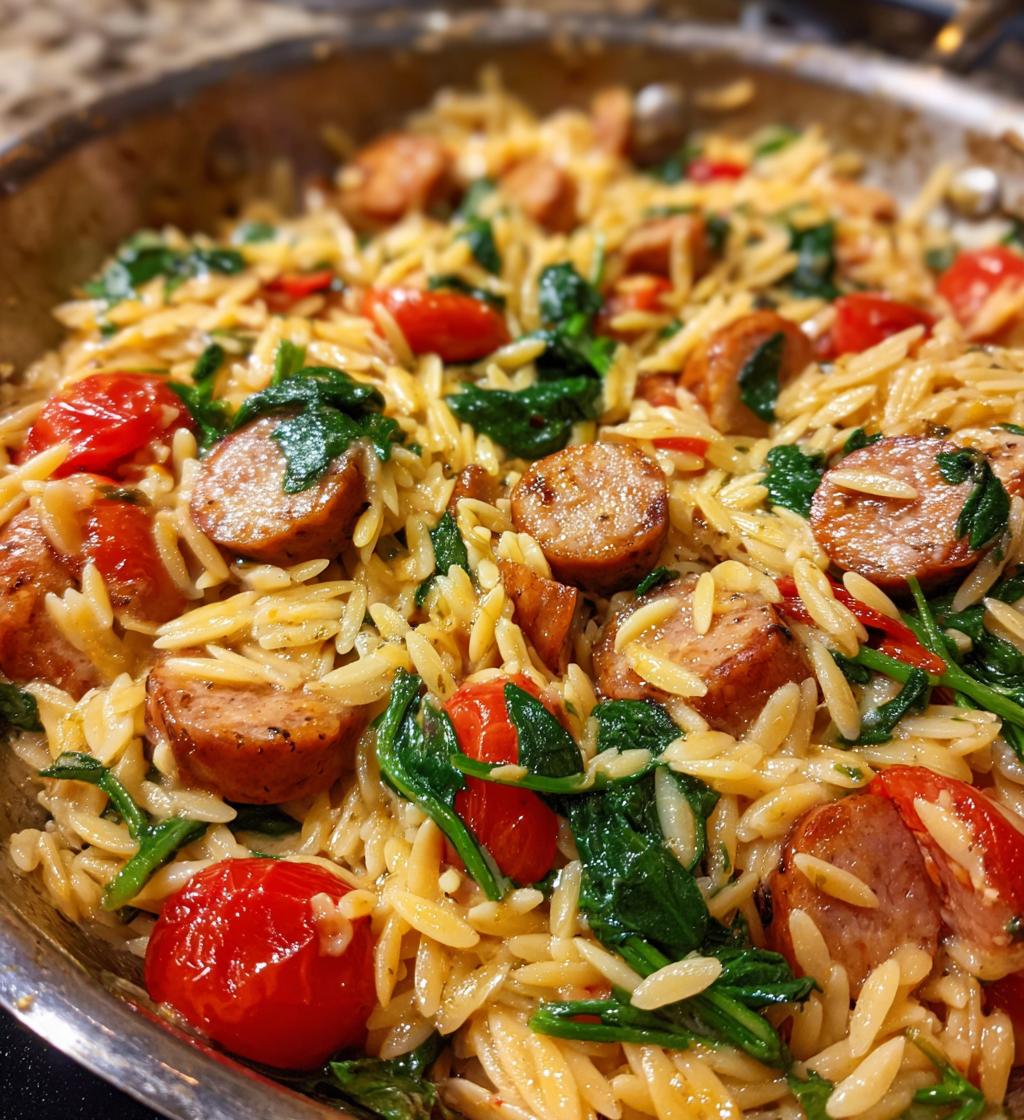 irresistible creamy chicken sausage orzo skillet