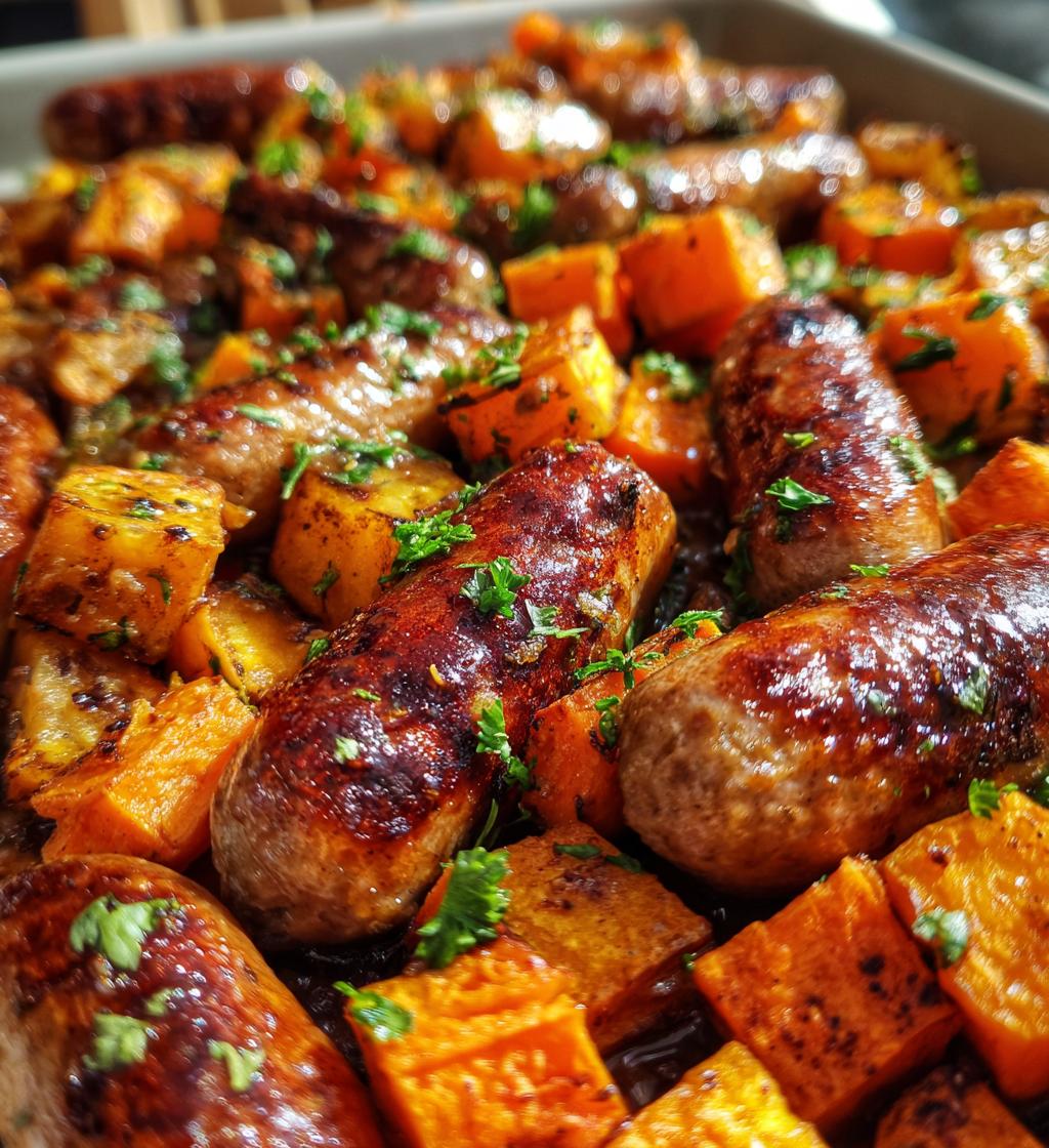 irresistible sheet pan sausage and sweet potatoes with honey garlic sauce - detail 1