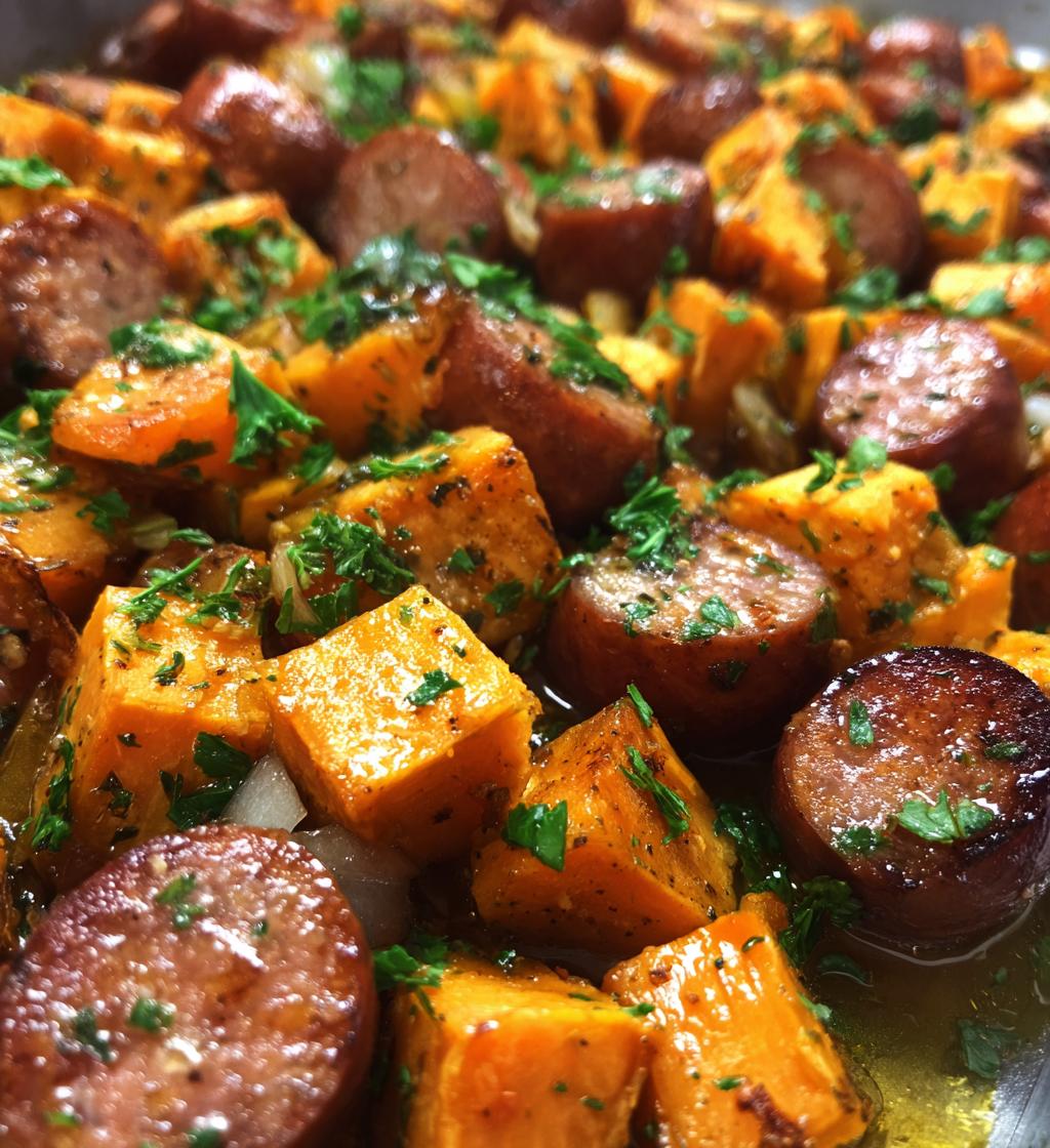 irresistible sheet pan sausage and sweet potatoes with honey garlic sauce - detail 1