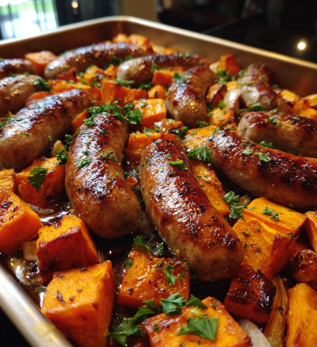 irresistible sheet pan sausage and sweet potatoes with honey garlic sauce
