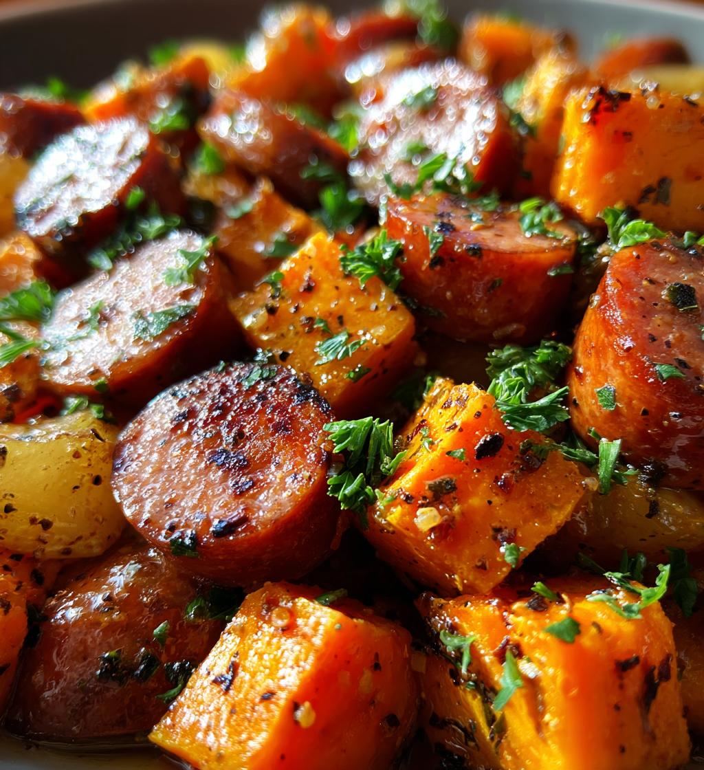 irresistible sheet pan sausage and sweet potatoes with honey garlic sauce