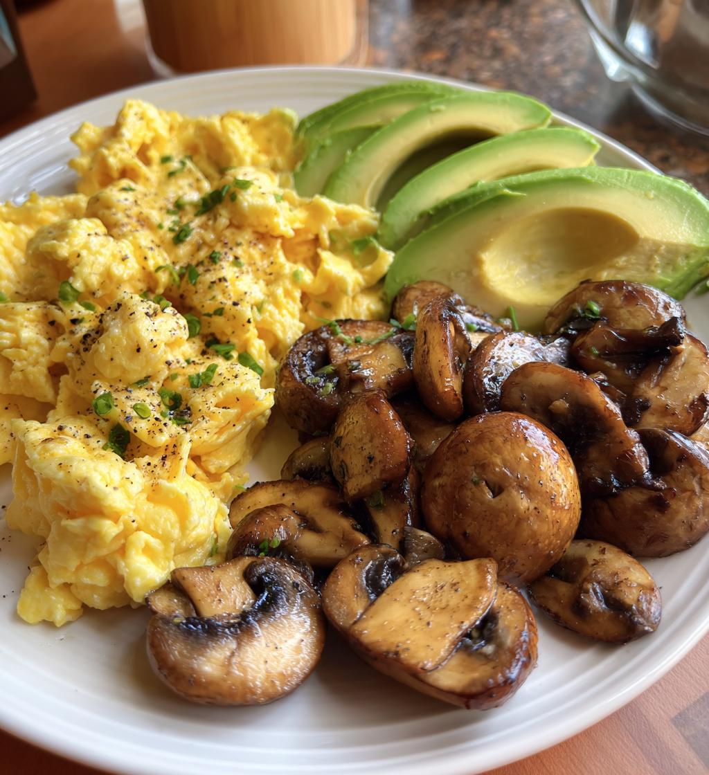 keto breakfast plate with creamy scrambled eggs mushrooms avocado - detail 1