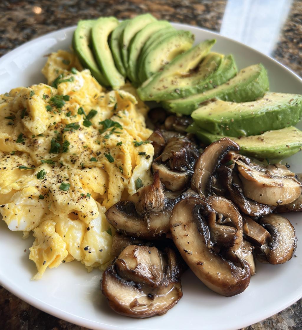 keto breakfast plate with creamy scrambled eggs mushrooms avocado
