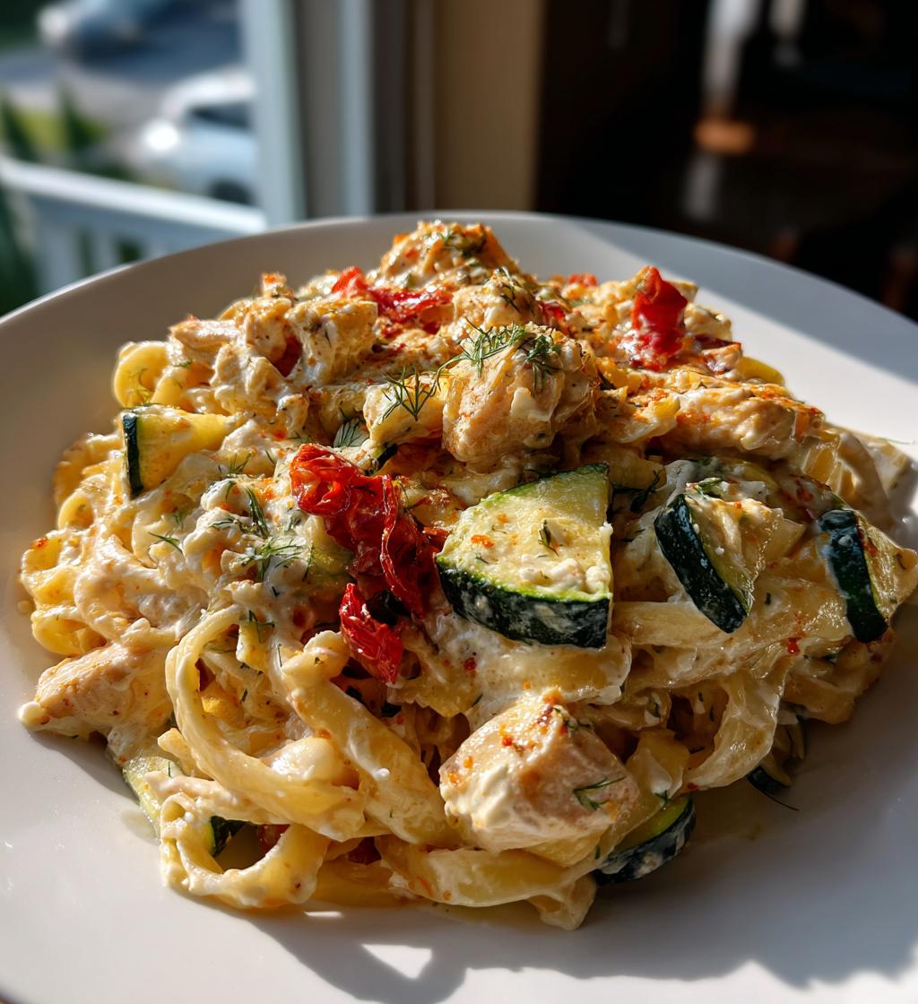 lemon dill chicken alfredo with roasted red pepper whipped feta crispy parmesan zucchini - detail 1