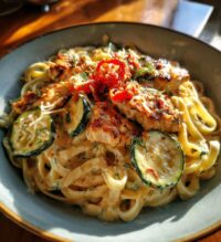 lemon dill chicken alfredo with roasted red pepper whipped feta crispy parmesan zucchini