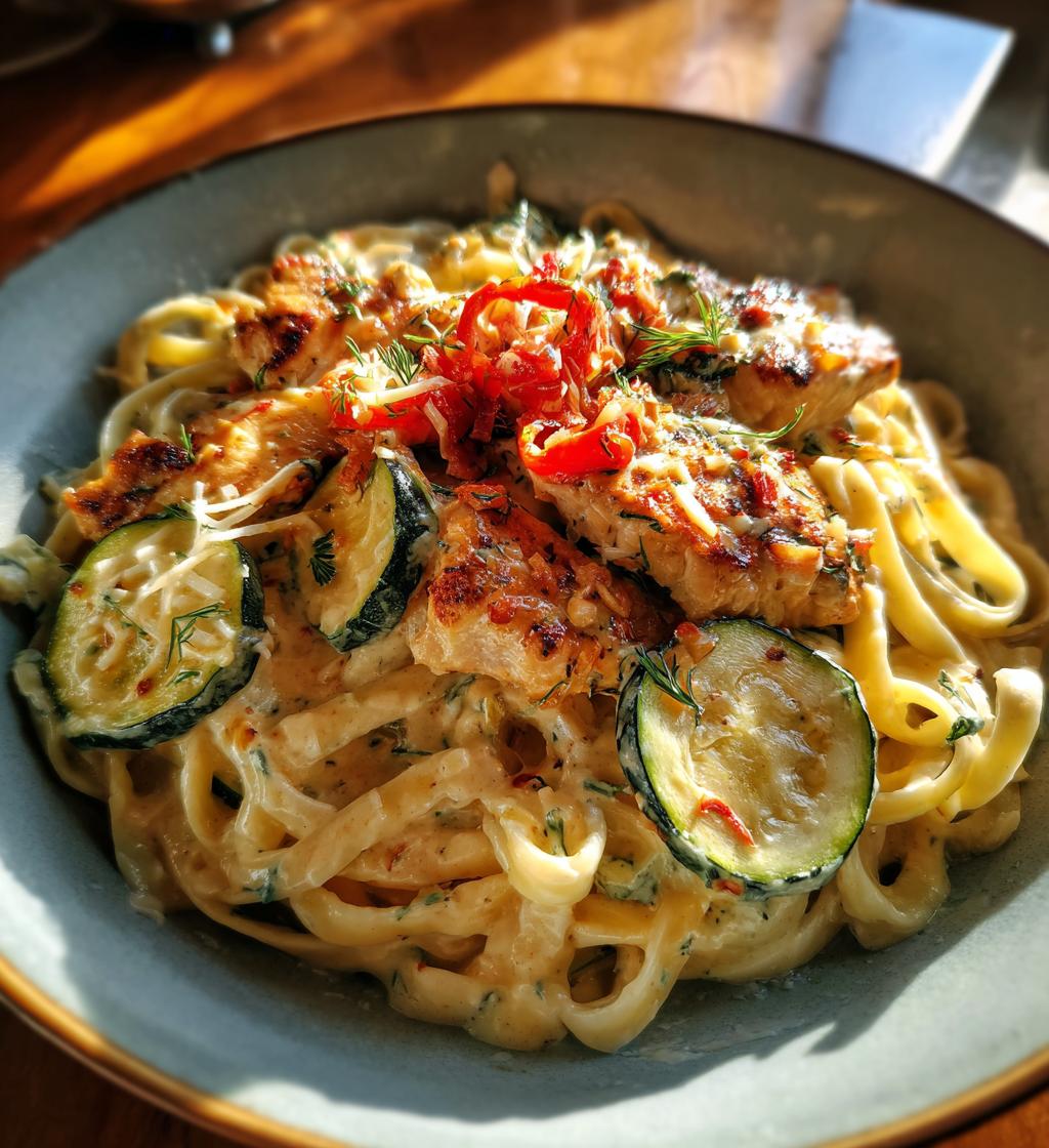 lemon dill chicken alfredo with roasted red pepper whipped feta crispy parmesan zucchini