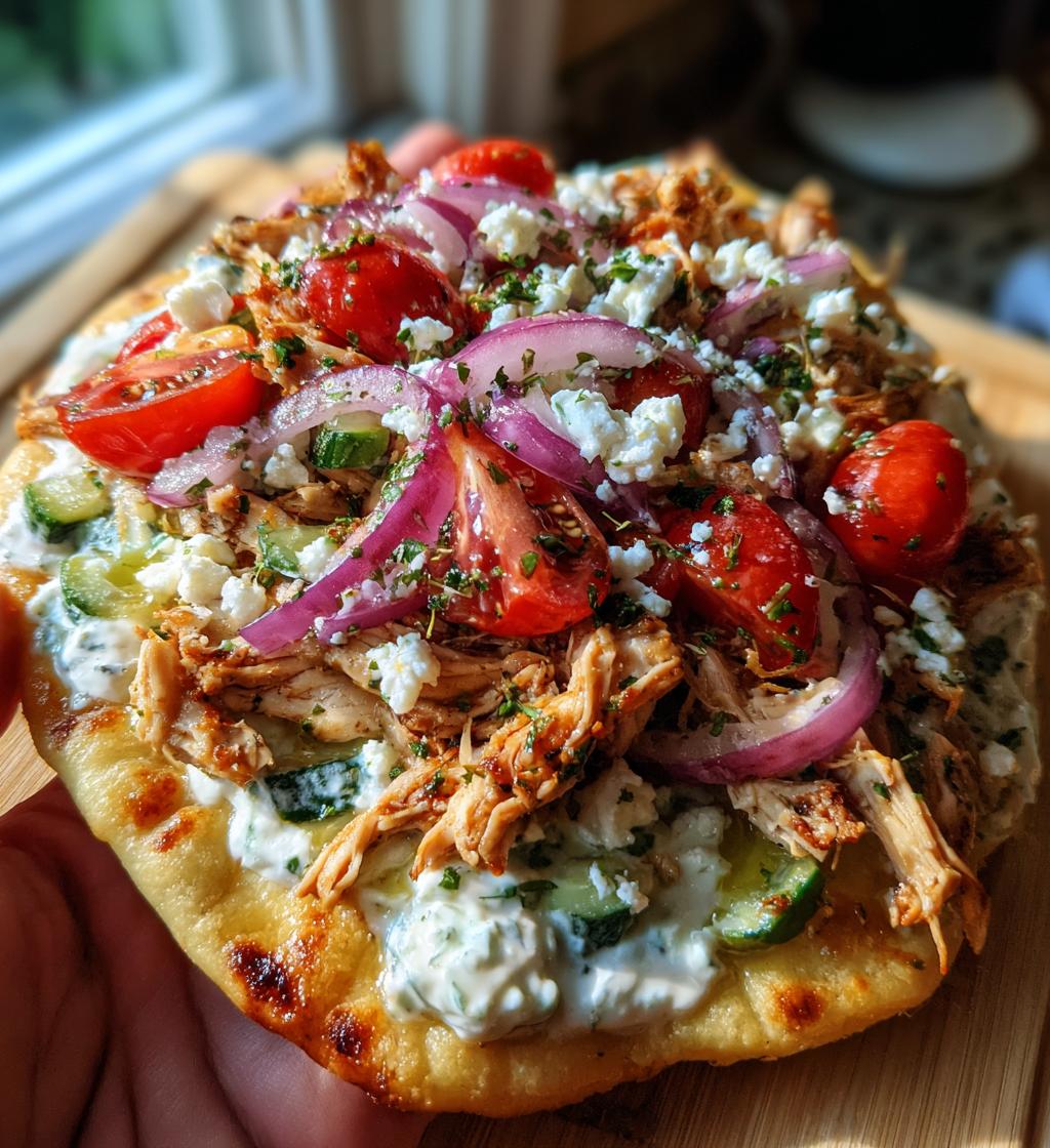 mediterranean tzatziki chicken naan pizza