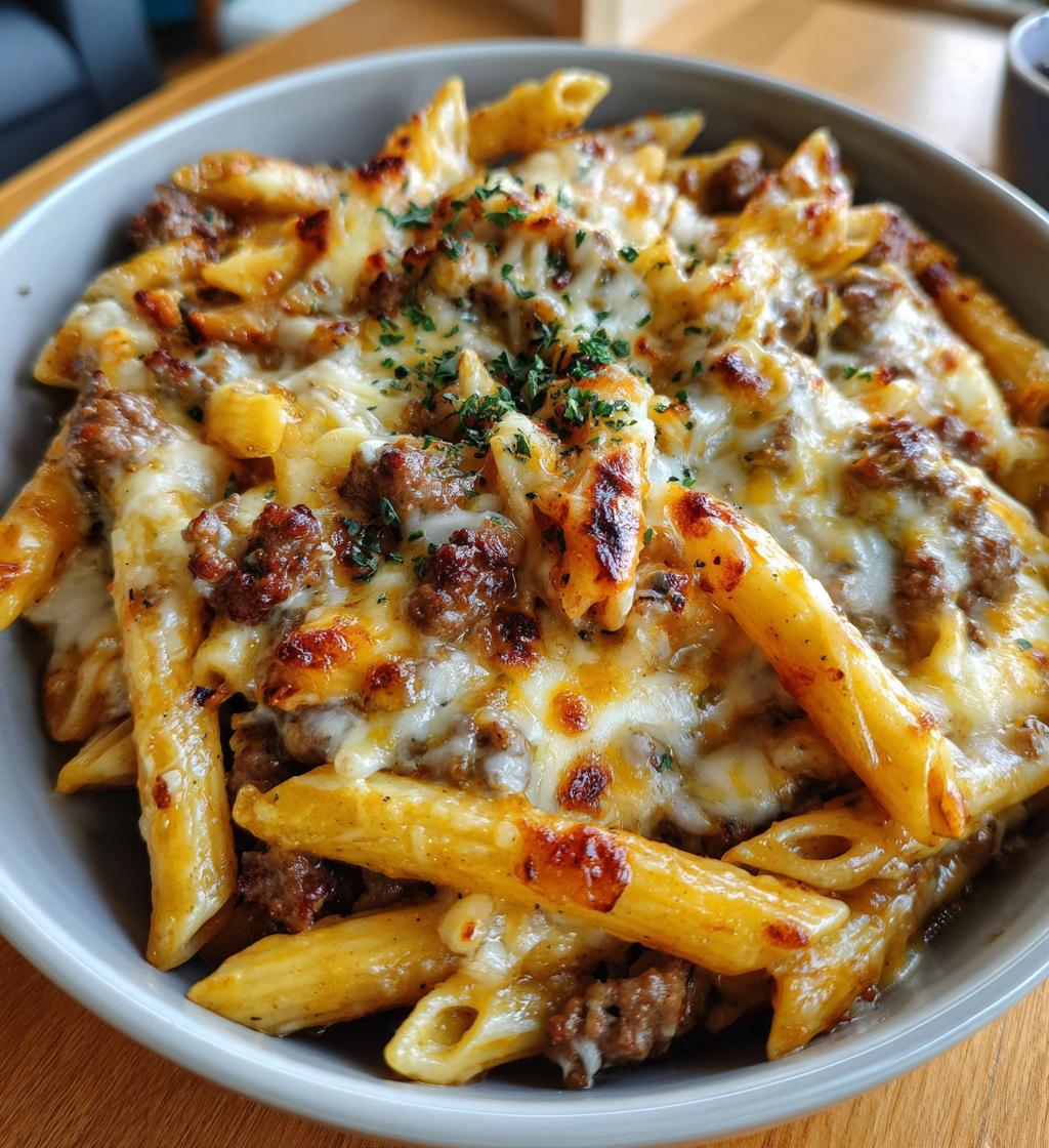 one pot cheesy beef garlic penne - detail 1