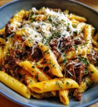 one pot cheesy beef garlic penne