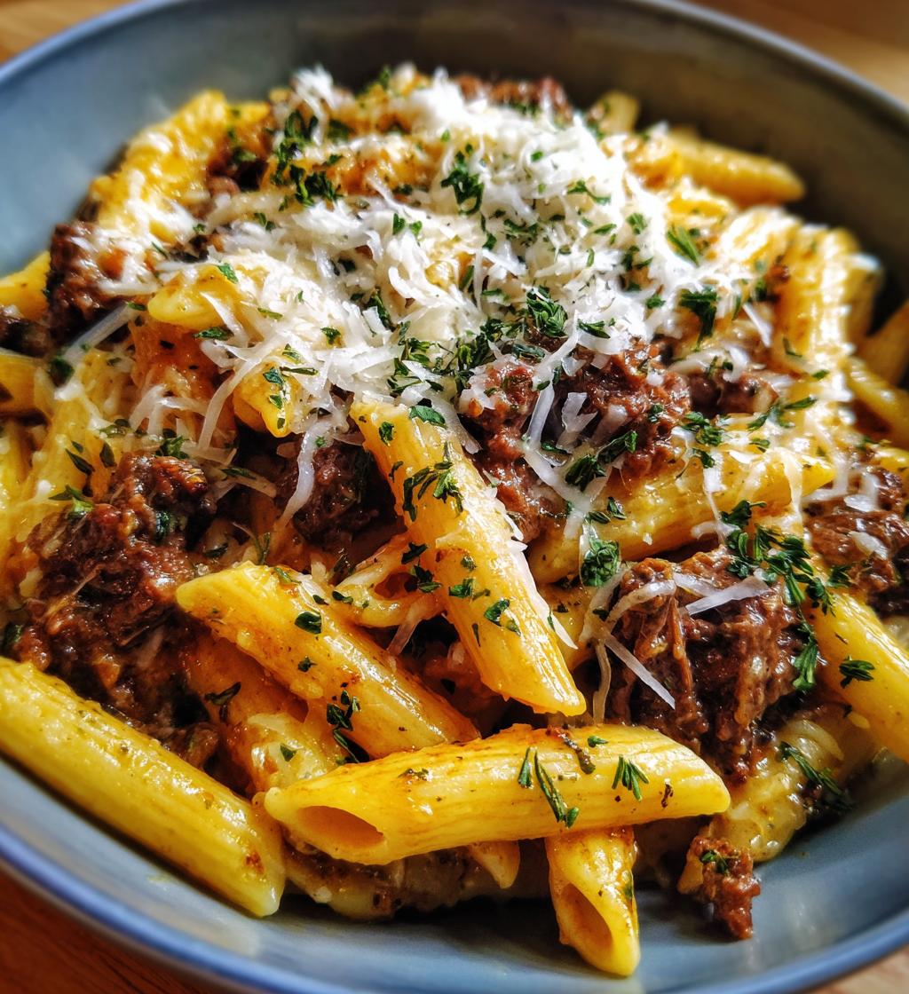 one pot cheesy beef garlic penne