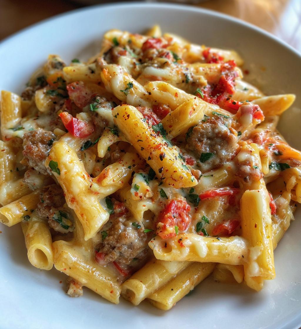one pot cheesy sausage pasta - detail 1